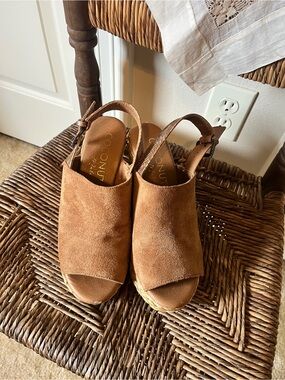 Coconuts by Matisse Suede Open-Toe Slingback Wedge in Camel Brown
